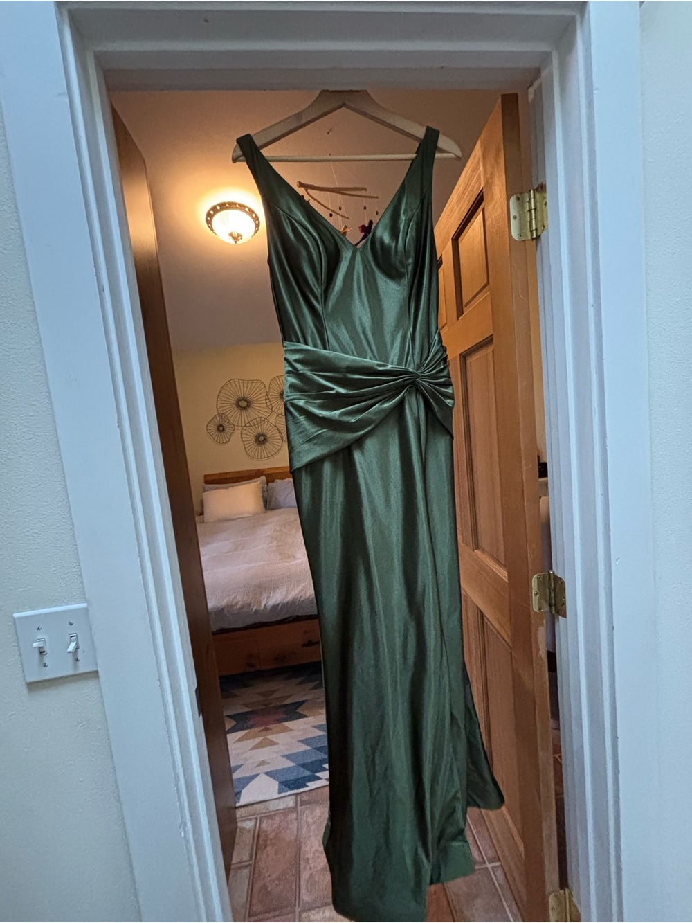David’s Bridal Green Satin Maxi Dress with Draped Knot Waist